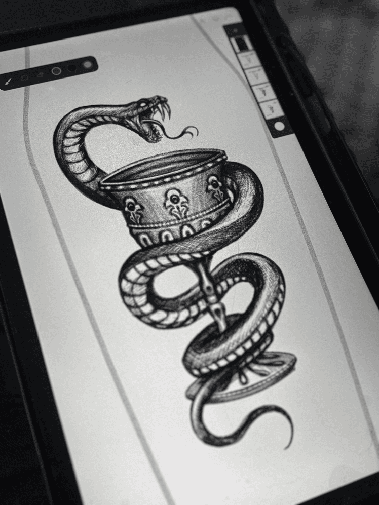 Desenho de uma cobra em volta de um Cálice
